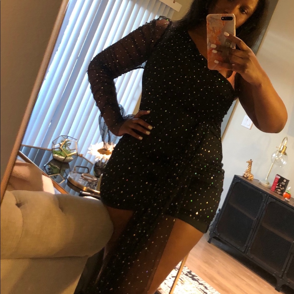 Black glittered one shoulder mini dress